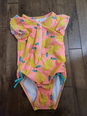 Cat & Jack Coral Pink Lemon Print One-Piece Swimsuit with Teal Ties